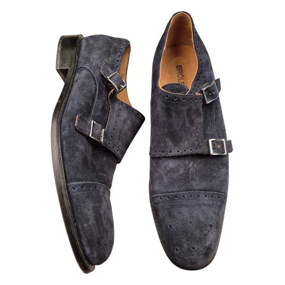 Broletto Mens Navy Blue Suede Double Monk Strap Brogue Dress Shoes Sz 10.5 M